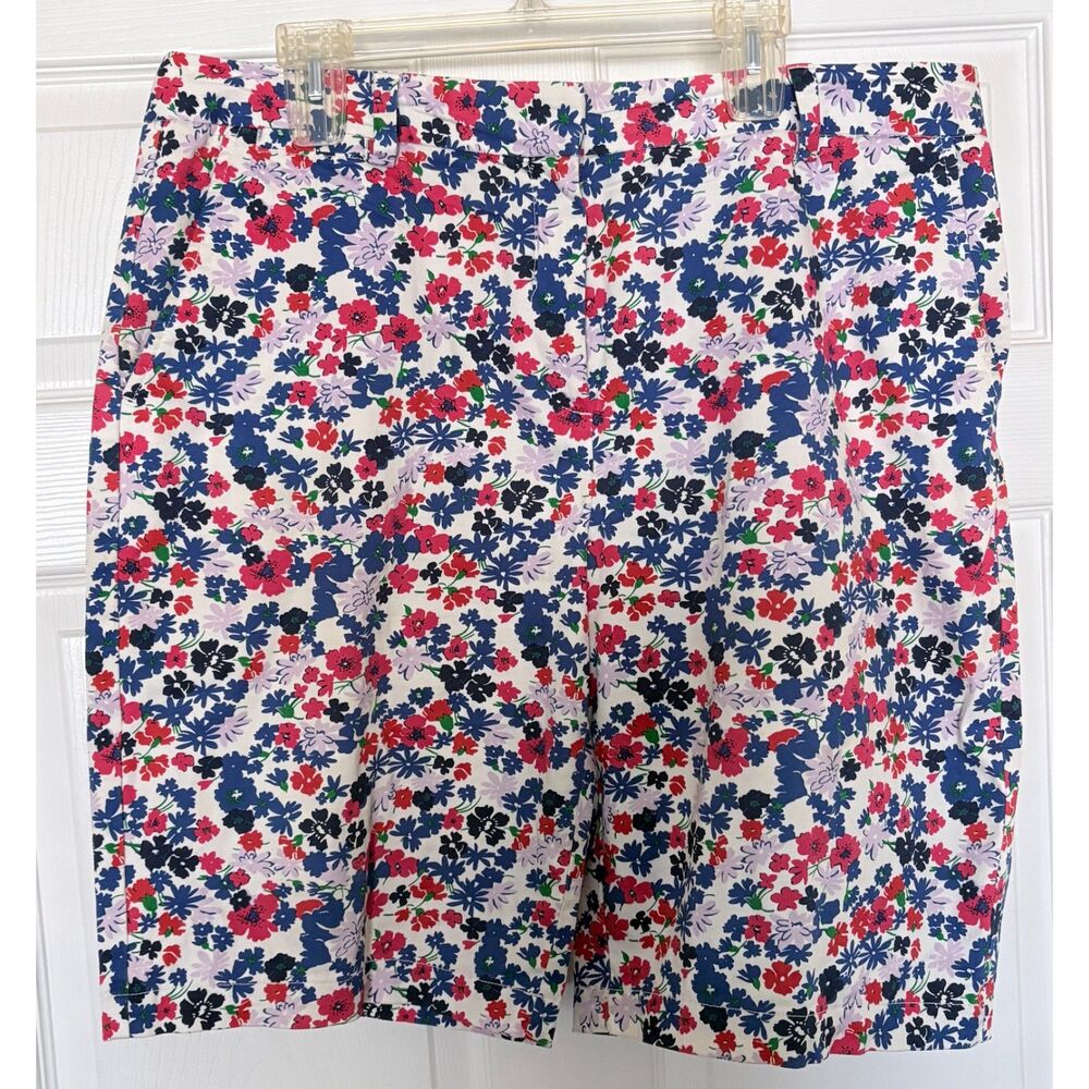 Lands' End Women's 16 Tall Floral Bermuda Shorts Cotton Stretch Red Blue White